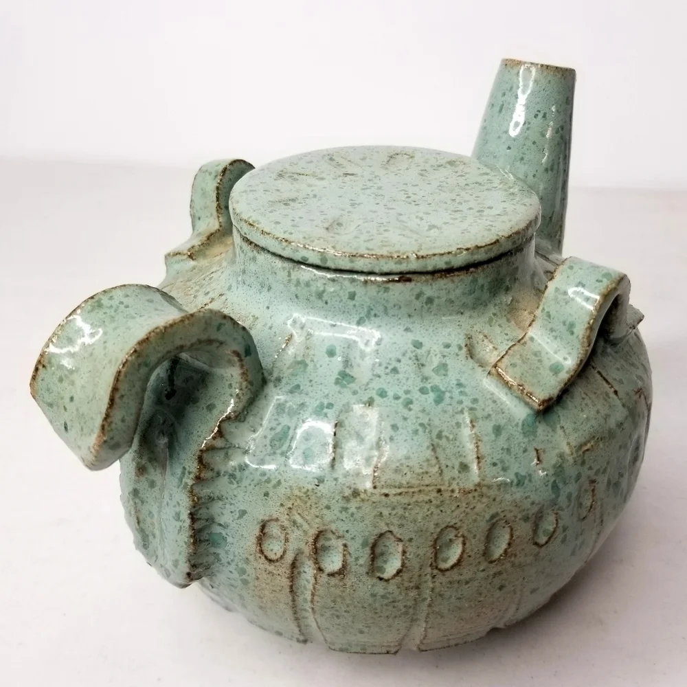 Rare Unique Vintage Art Pottery Green TeaPot , Artist Signed 12/25/75
